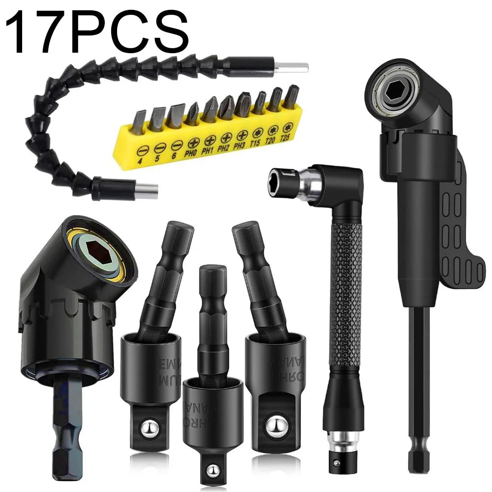 Flexible Right Angle Drill Bit Extension Set with Universal Socket Adapter