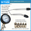 A ZKTCOOL 11PC compression tester kit showing a pipe, straight pipe, and elbow pipe with various angle measurement tools and 