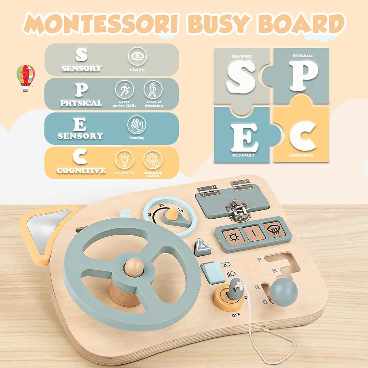 Wooden Steering Wheel Busy Board for Toddlers - Montessori Sensory Toy