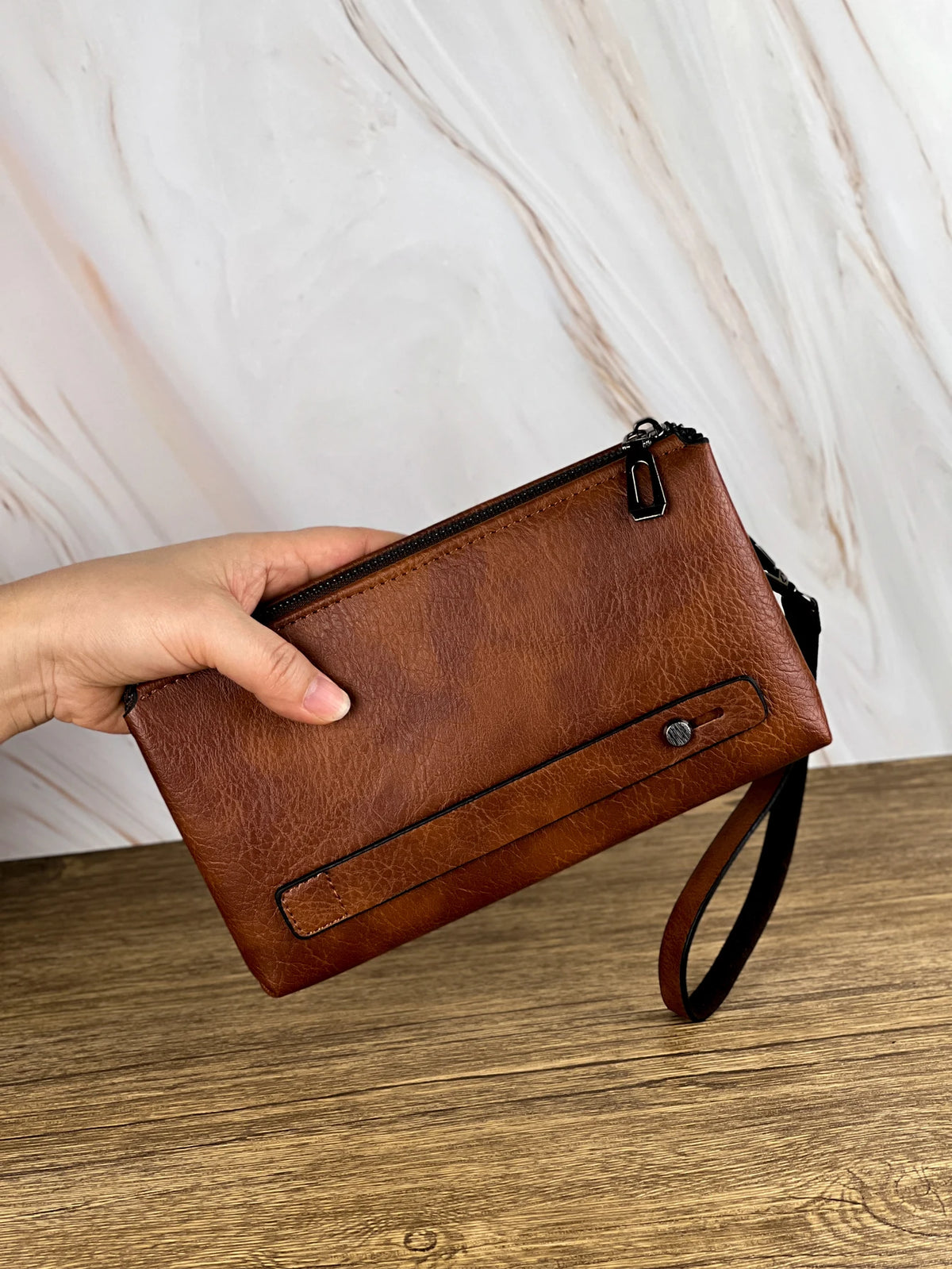 Men's Classic Leather Clutch Bag with Dual Zip Compartments