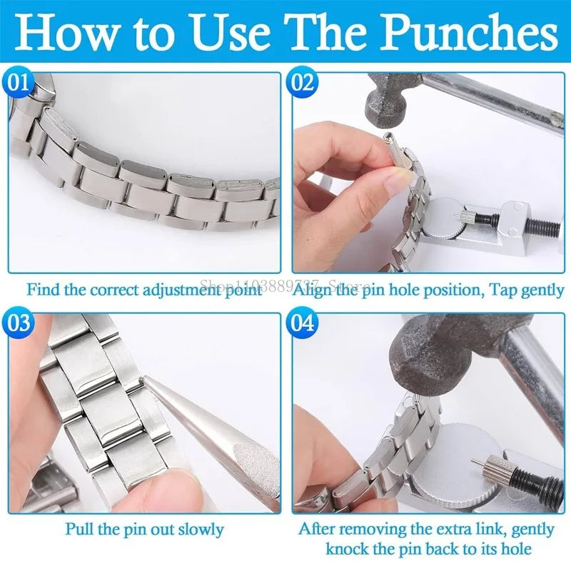 Instructions for using the Punches to remove and adjust watch band links