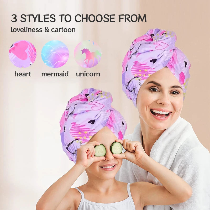 A woman models a purple and pink patterned hair wrap for children, showcasing three styles: heart, mermaid, and unicorn.