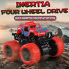 A red and blue off-road stunt car with large tires is shown on a rocky terrain.