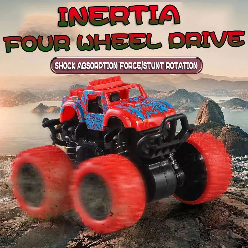A red and blue off-road stunt car with large tires is shown on a rocky terrain.