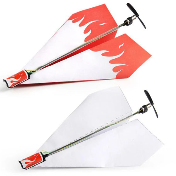 Kit de avión de papel motorizado rojo y blanco con estructura metálica y hélice.