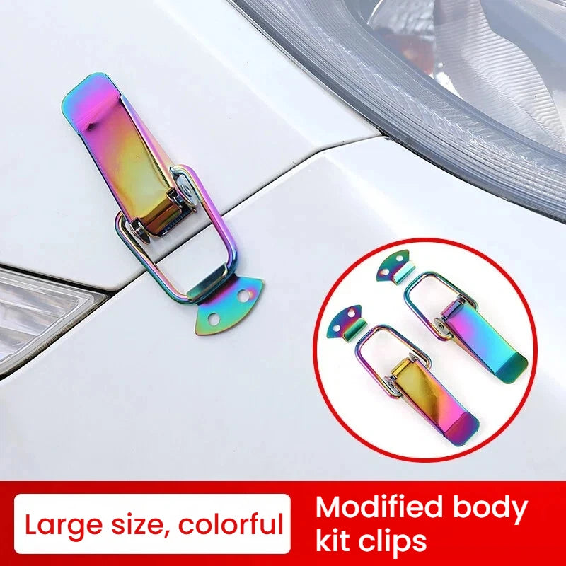 A close-up of a colorful modified body kit clip used for securing car parts.