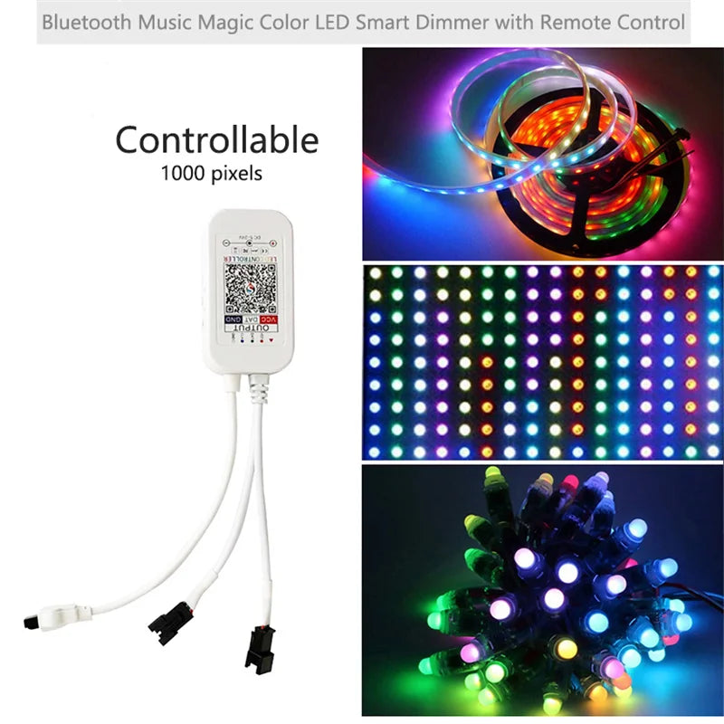 A white Bluetooth music magic color LED smart dimmer controller with wires and a remote control.