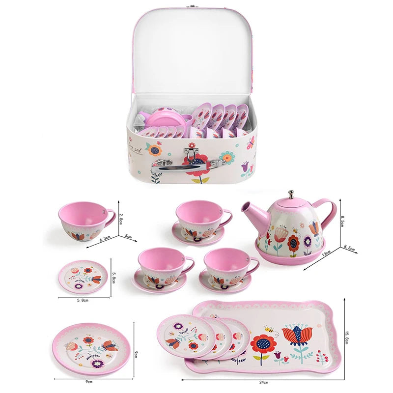 A kids pretend play tea set with a pink serving tray and various accessories displayed on a white background.