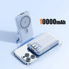 A white magnetic wireless power bank is shown next to a smartphone, highlighting its 10000mAh capacity.