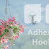 White adhesive hooks hanging on a wall next to a pink flowering plant