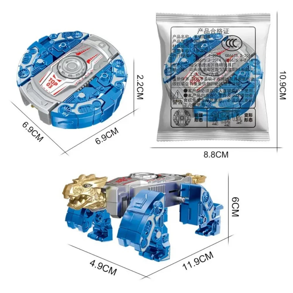 A blue fidget toy with a robot design is shown alongside its packaging and dimensions.