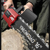 A close-up of a YINLONGDAO 16 inch replacement chainsaw chain being held by a person.