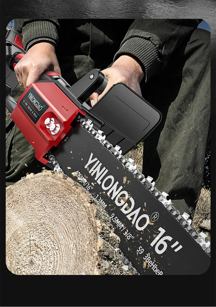 A close-up of a YINLONGDAO 16 inch replacement chainsaw chain being held by a person.