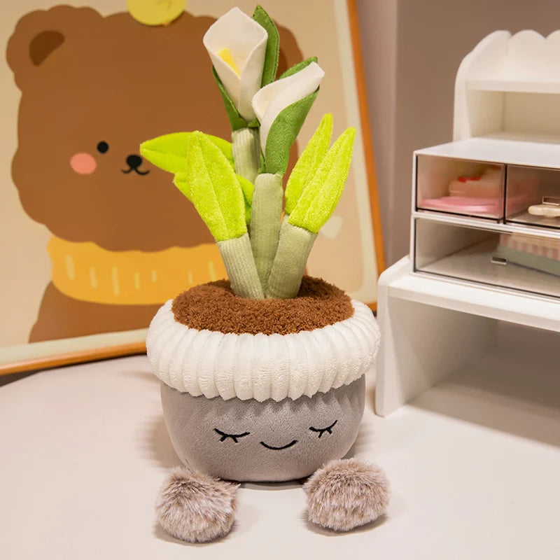 A cute artificial flower plush doll with soft green leaves and white petals displayed on a light surface.