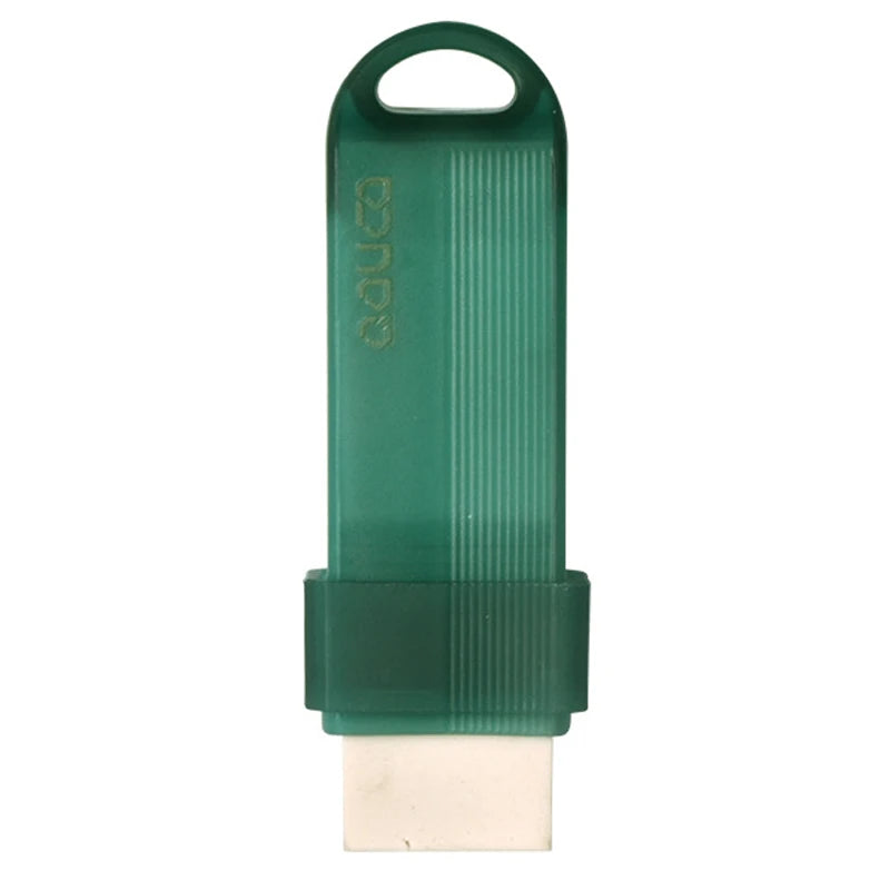 A green reusable limescale and stain eraser tool with a handle and a flat cleaning block.