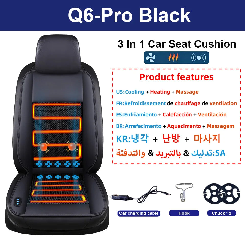 Black Q6-Pro 3 in 1 car seat cushion featuring heating, cooling, and massage functions
