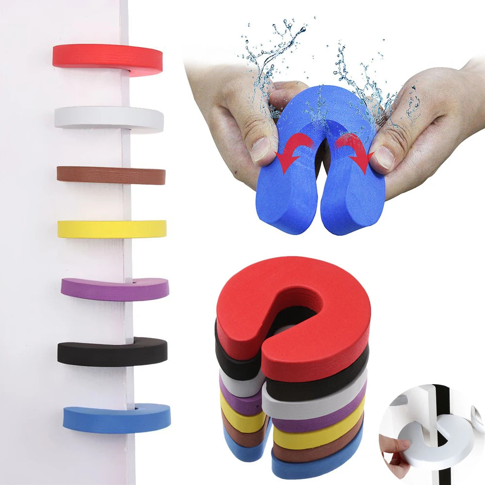 Hands demonstrate the foam door stopper, showing its shape and finger pinch protection features.
