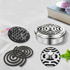 Stainless steel mosquito coil holder with lid featuring various coil shapes and a decorative pattern