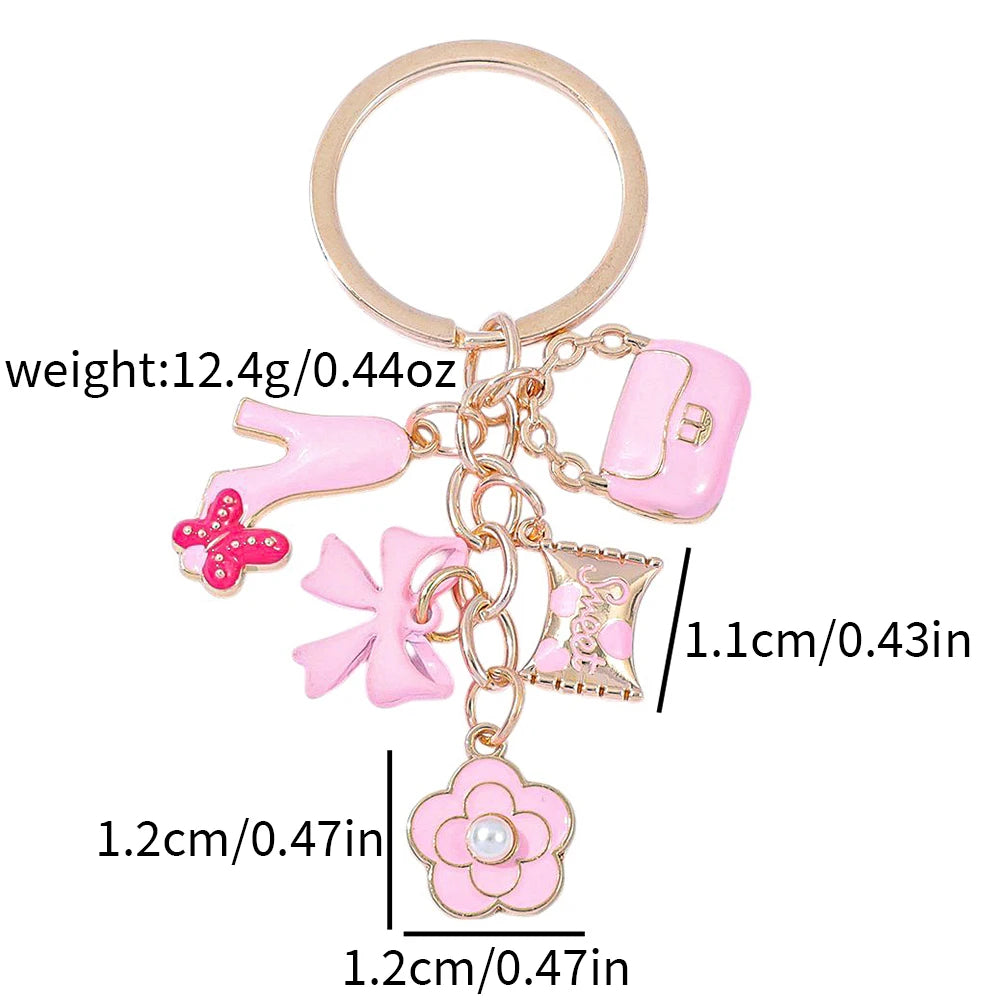 Enamel Heart & Bow Keychain with Flower Charm