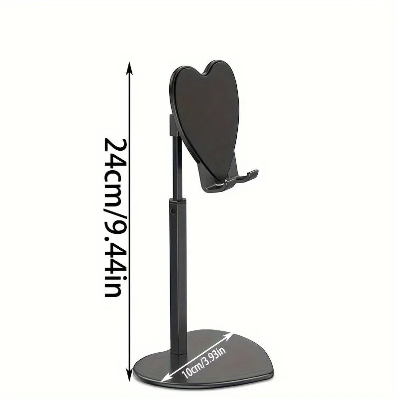 A black adjustable heart-shaped stand for phones and tablets with a vertical support and a circular base.