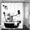 A black and white illustration of a skeleton skull emerging from a bathtub, designed for a shower curtain.