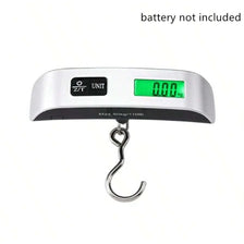 A silver portable digital luggage scale with an LCD display showing 0.00 kg.