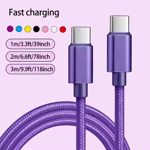 Purple nylon braided USB-C fast charging cables with various lengths shown next to connectors