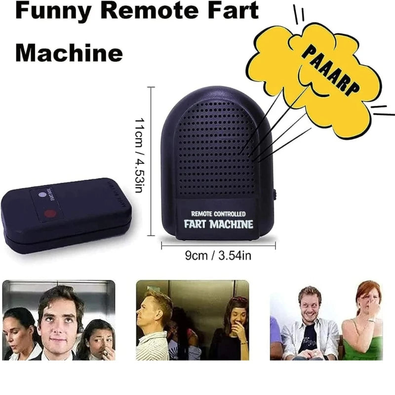 A black remote controlled fart machine device shown alongside several people.