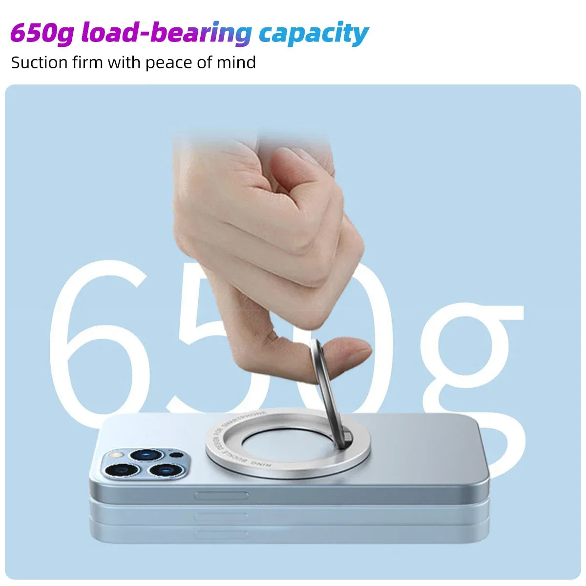 A hand is shown gripping a magnetic phone holder ring stand for a smartphone.