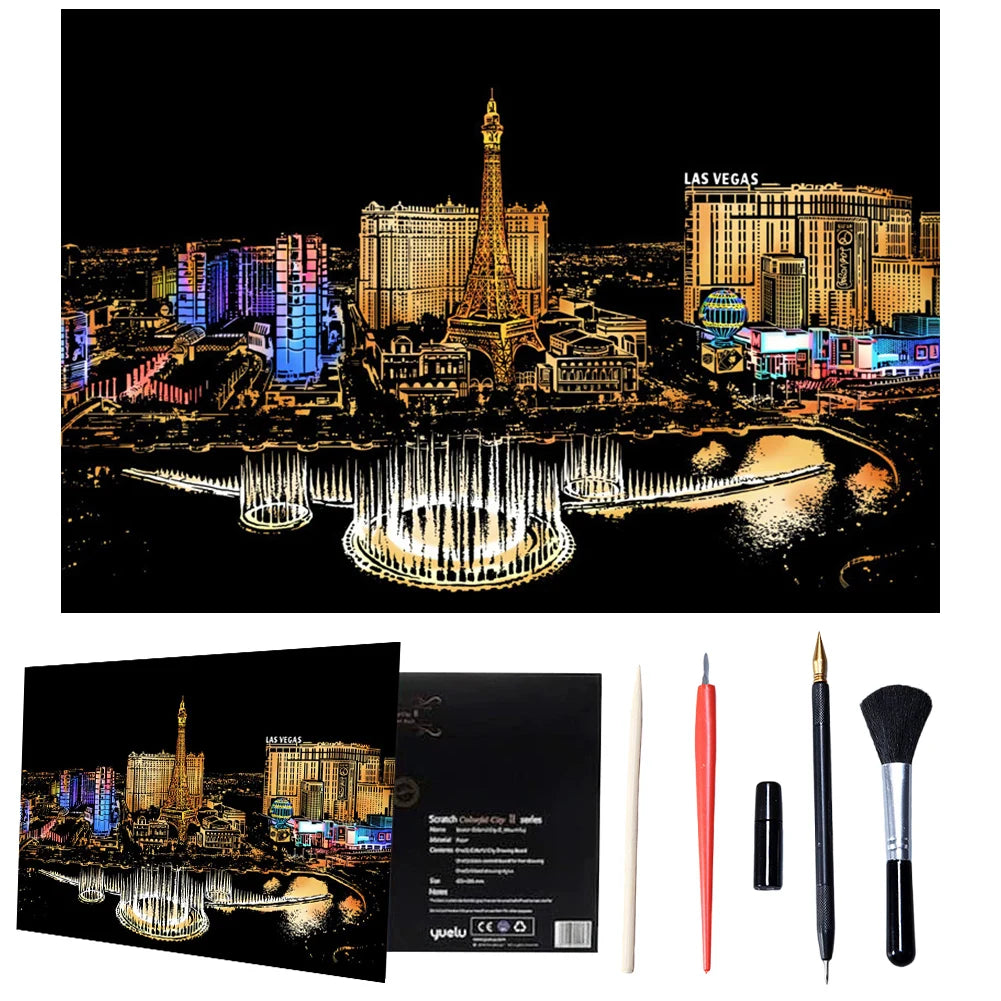 A painting kit featuring a black background scene of Las Vegas skyline and Eiffel Tower.