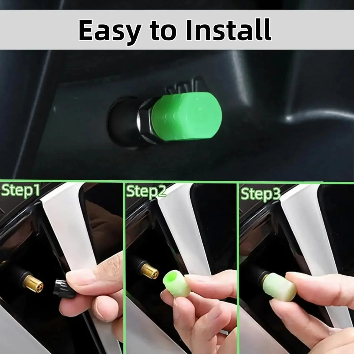Installation steps showing how to install glow-in-the-dark tire valve caps on a wheel rim.