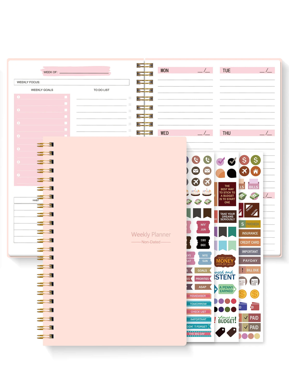 A5 Non-Dated Weekly Spiral Planner with Sticker Sheets