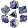 A set of seven polyhedral dice in shades of blue and white, showing various angles and numbers.
