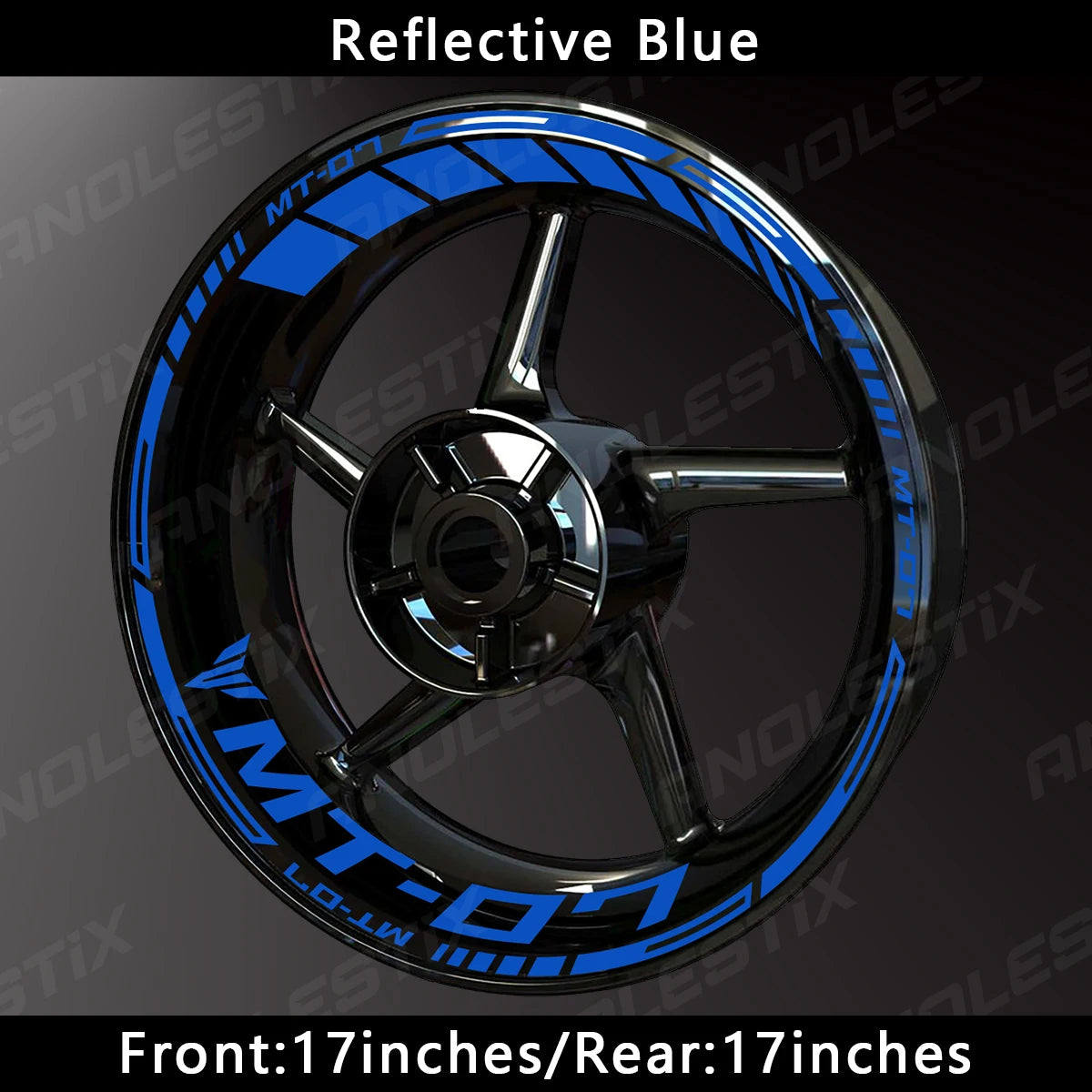 Reflective blue decals for a motorcycle wheel rim featuring the MT-07 branding.