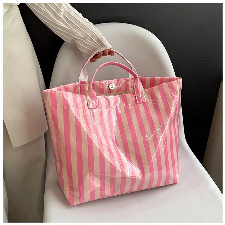 Striped PVC Waterproof Tote Bag for Everyday Use