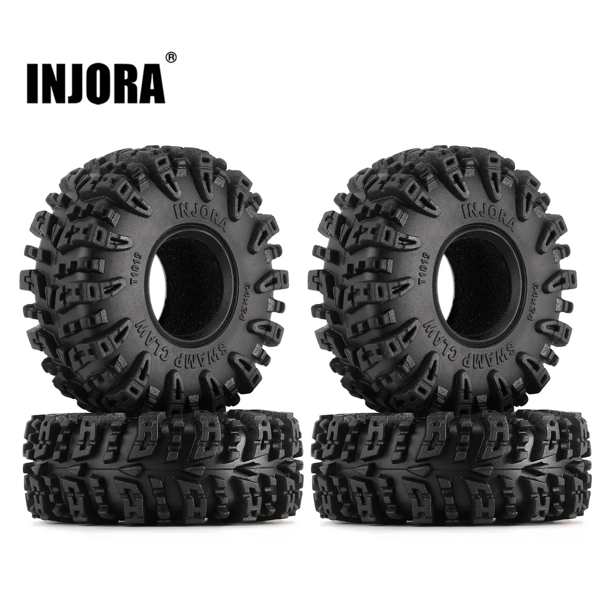 A pair of black INJORA Swamp Claw 1.0 mud terrain tires for RC crawlers.