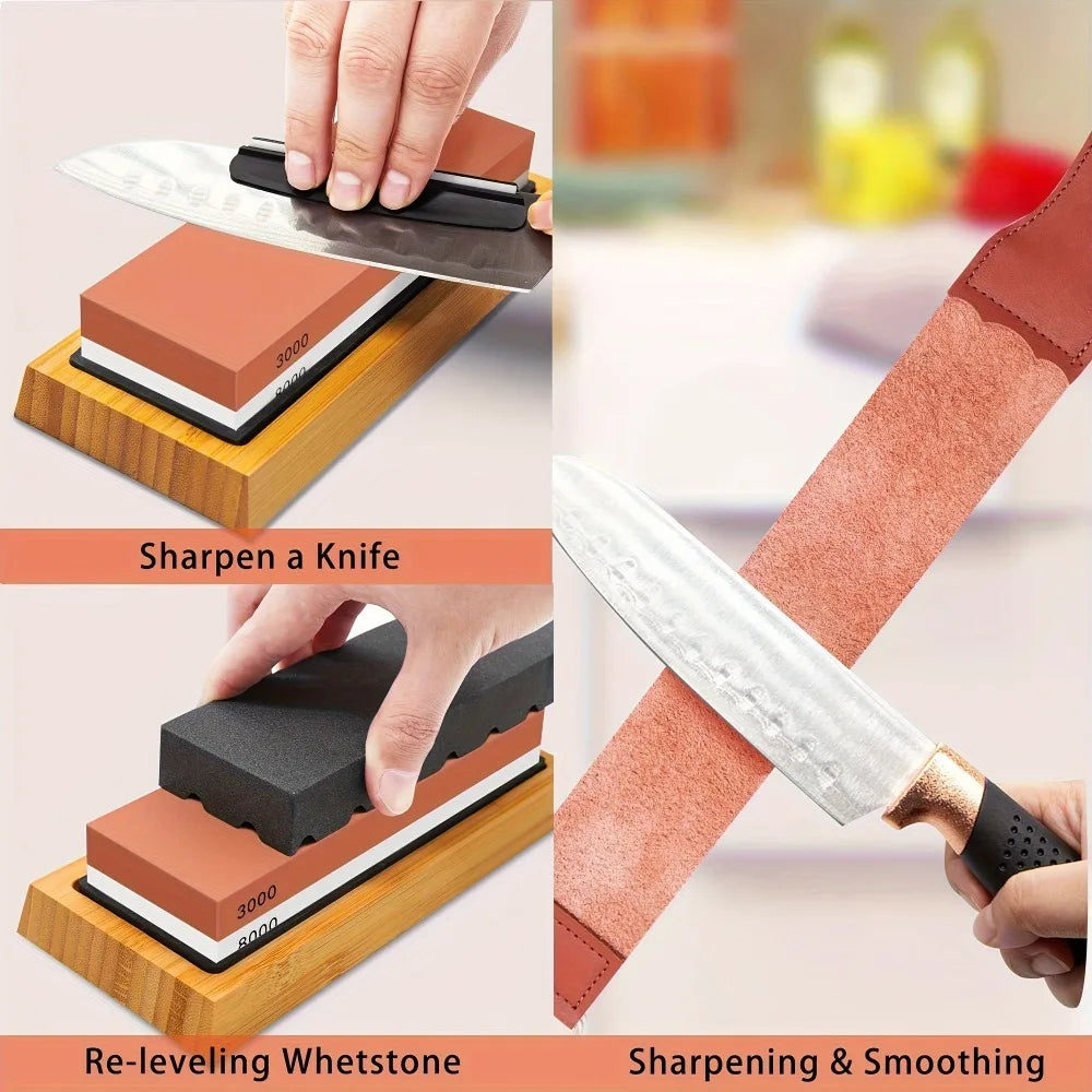 A kit for sharpening and smoothing knives using a whetstone on a bamboo base.