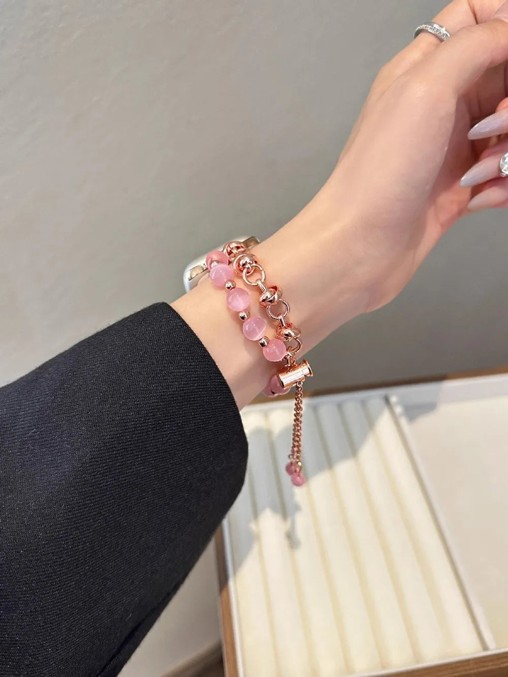 Crystal Bead Watch Strap with Adjustable Metal Link Design