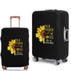 Black suitcase with a sunflower print featuring the text In a world full of roses be a sunflower