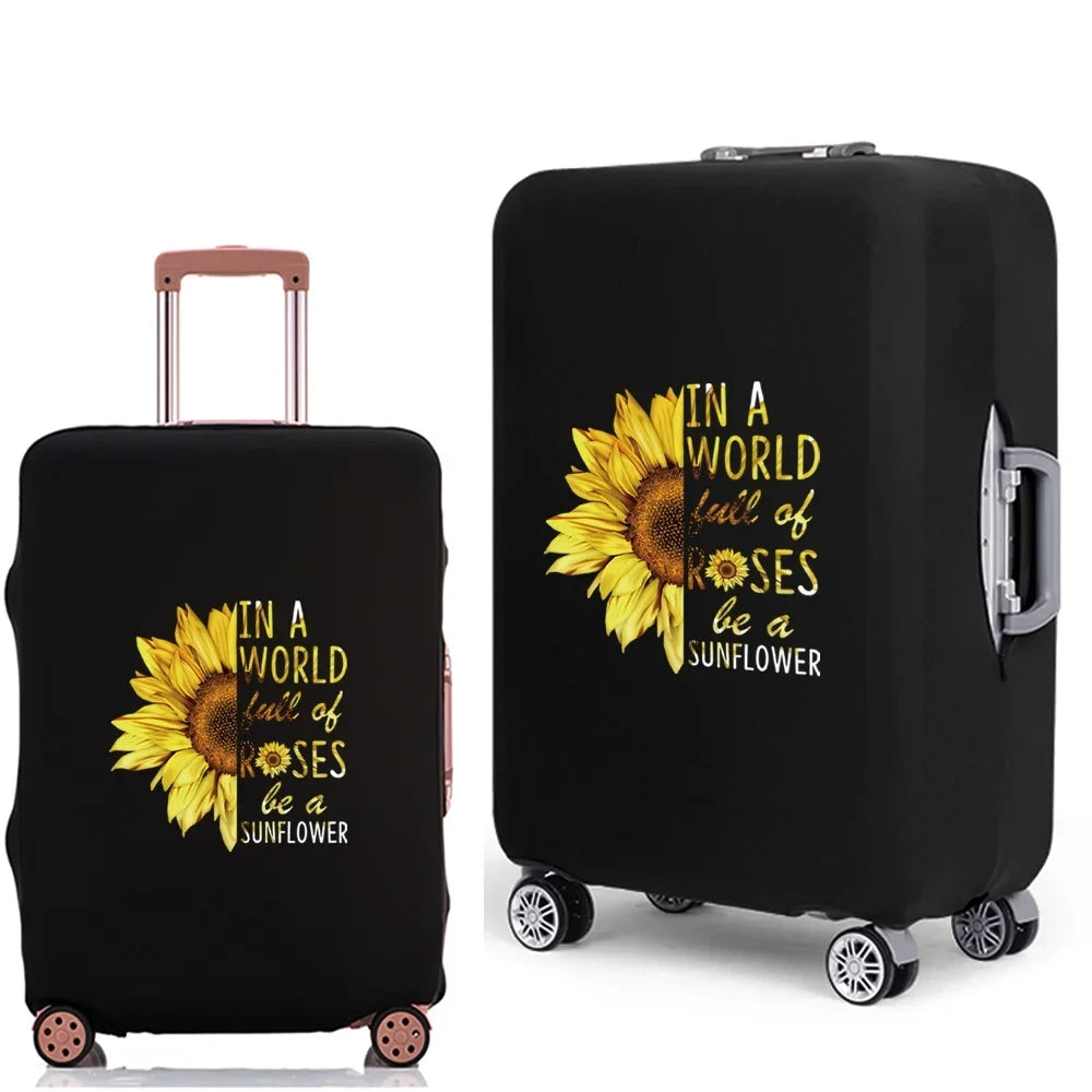 Black suitcase with a sunflower print featuring the text In a world full of roses be a sunflower