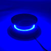 A magnetic mount LED emergency strobe light with a blue light illuminating the underside against a dark blue background.