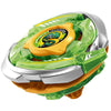 A precision metal spinning top featuring a green and silver design with an orange central piece.