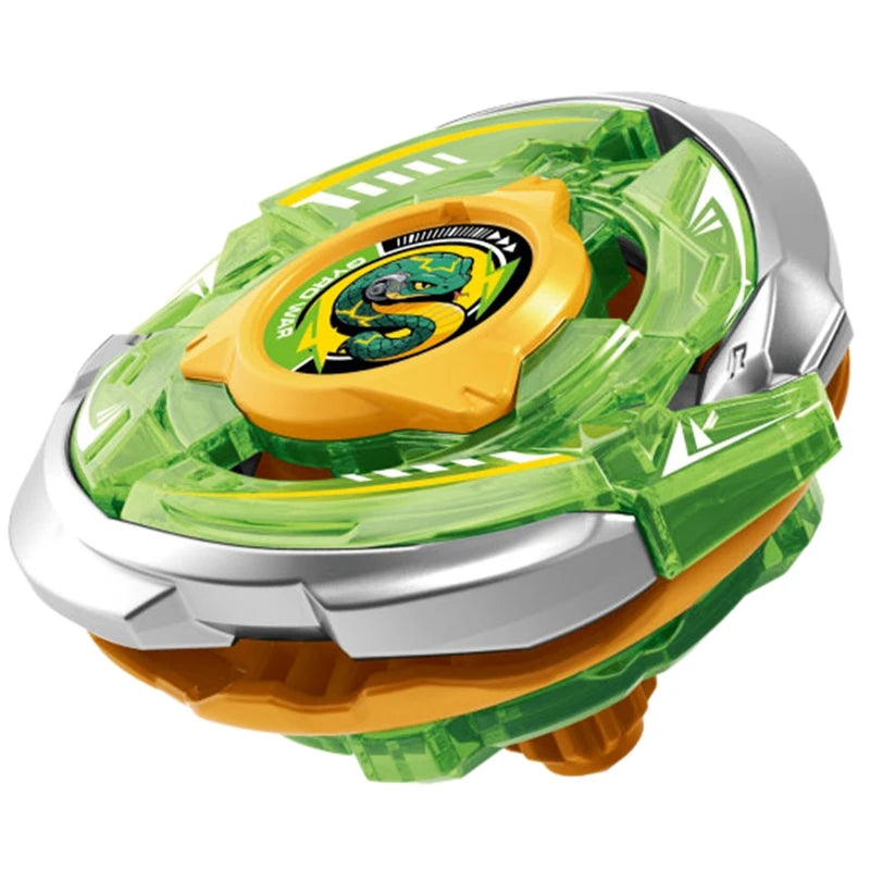 A precision metal spinning top featuring a green and silver design with an orange central piece.