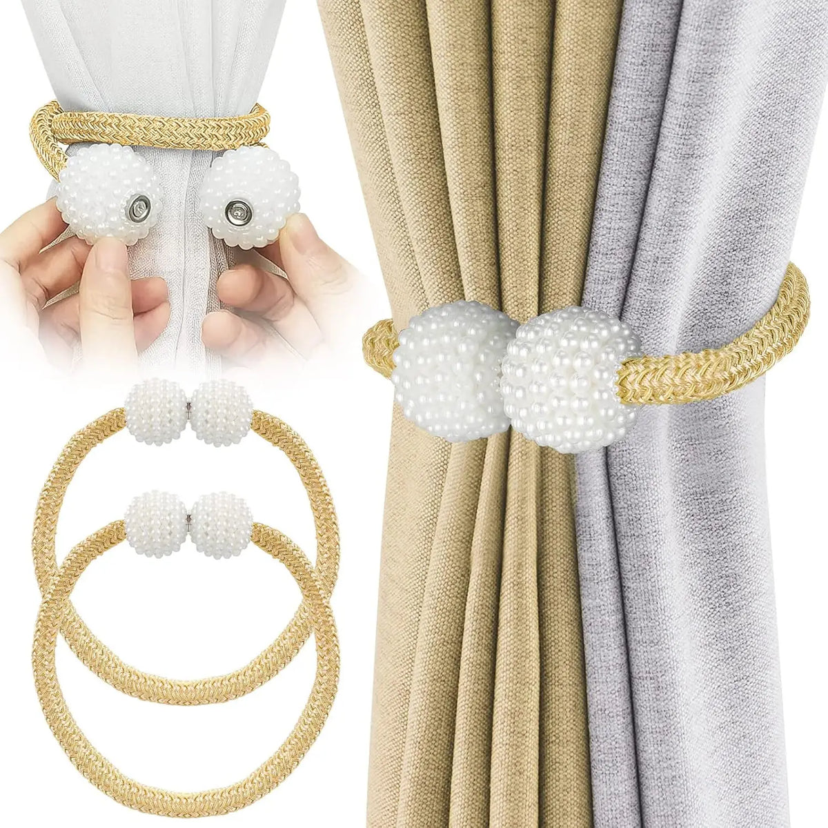 Pearl magnetic curtain tiebacks in beige and gray fabric with gold cord accents shown in use.