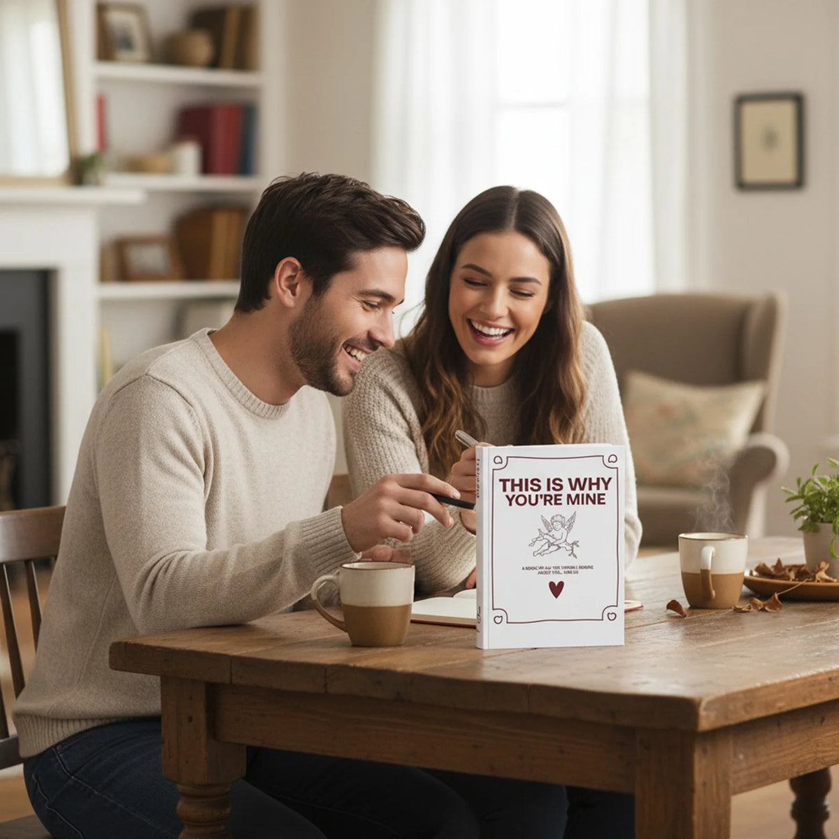 A couple smiling while looking at a personalized fill-in-the-blank love book for an anniversary keepsake journal.