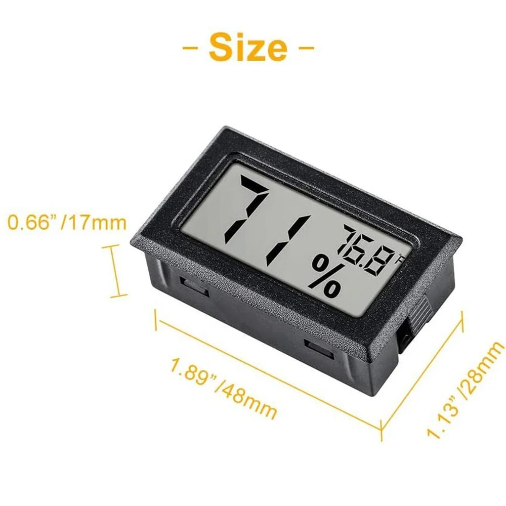 Black mini digital thermometer and hygrometer with an LCD display showing 71.8 degrees Fahrenheit