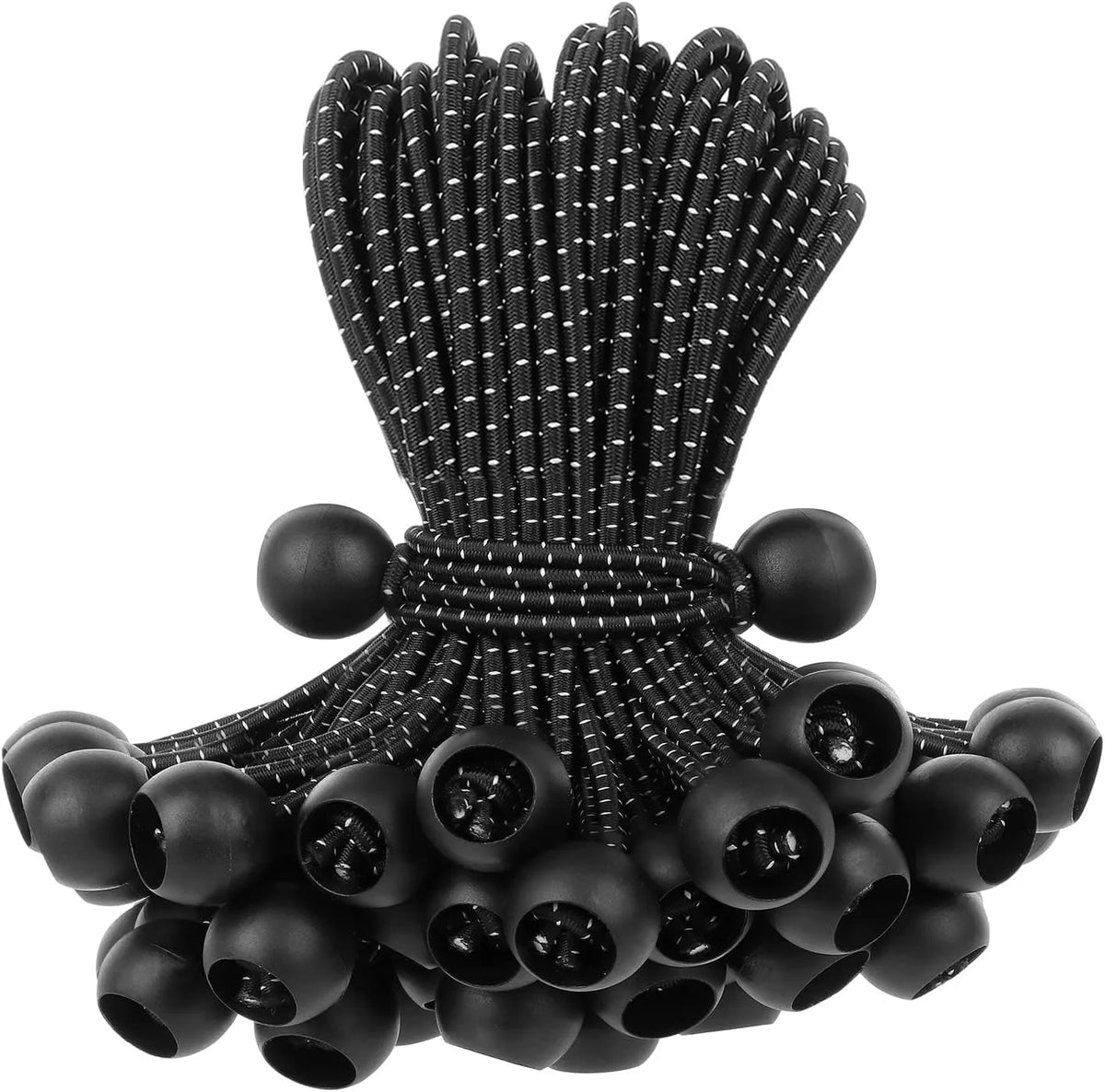 A bundle of black heavy-duty UV-resistant ball bungee cords for camping and tarps.