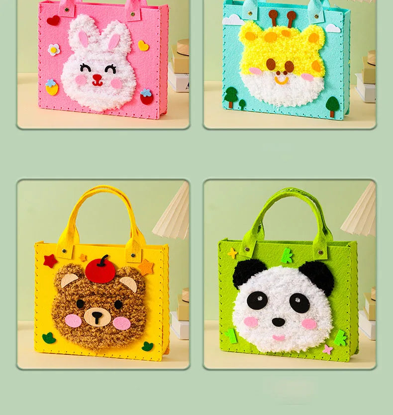 Four felt animal bags featuring rabbits, cats, bears, and pandas in pink, blue, yellow, and green colors.