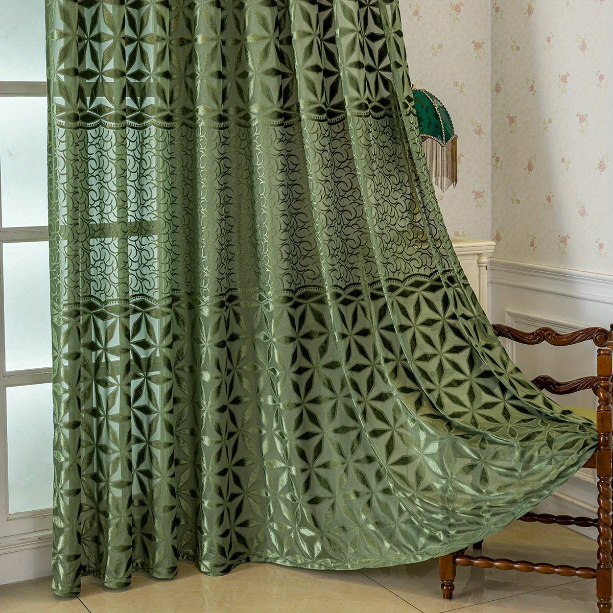 Olive Green Sheer Curtain with Geometric Floral Pattern