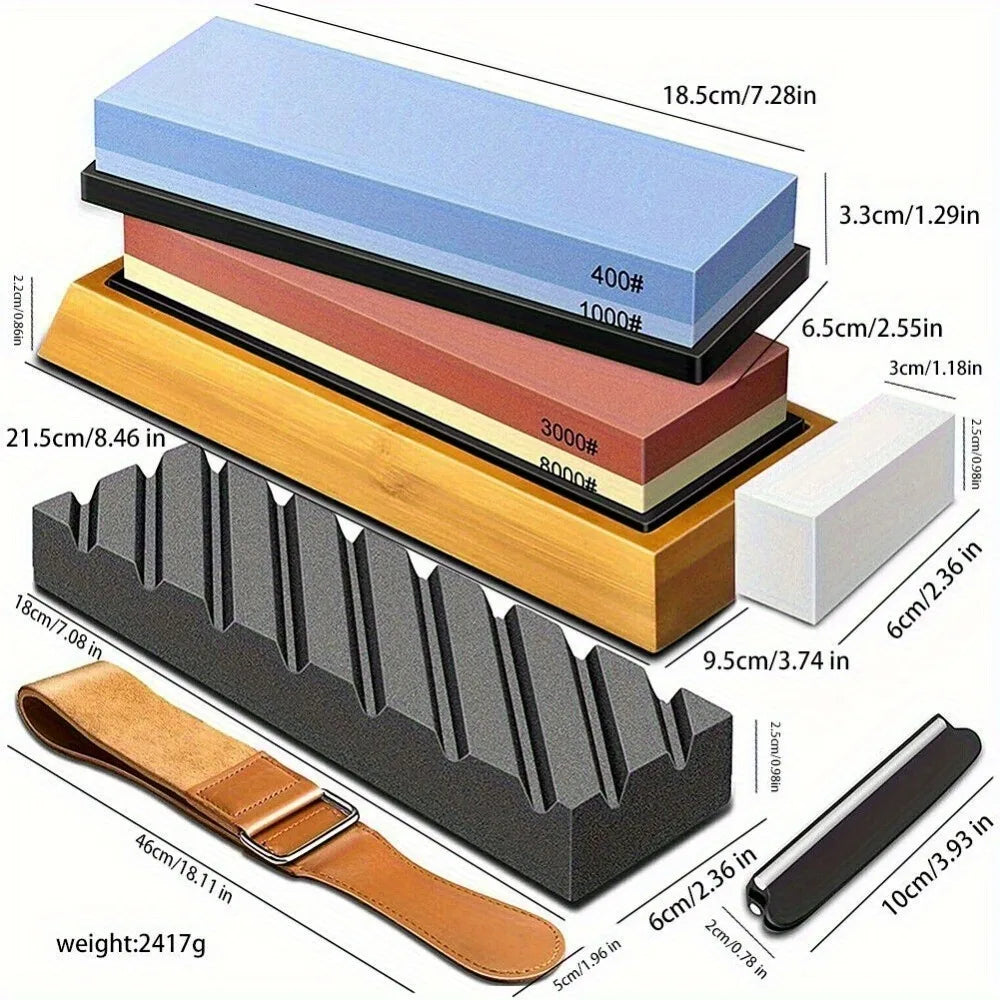 A complete whetstone sharpening kit featuring a blue and black stone set mounted on a bamboo base with an accompanying leathe